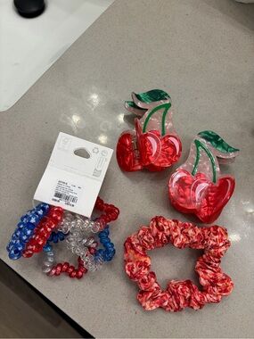 Cherry Acrylic Hair Claw + Red Marble Scrunchie & Assorted Coil Hair Ties